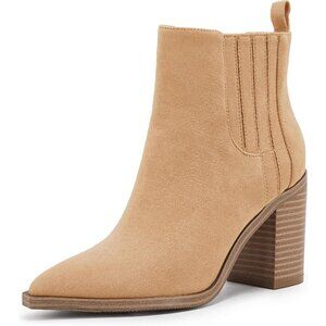 Womens Camel Faux Leather Slip on Pointed Toe Chunky Block Mid Heel Booties